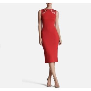 Dress The Population Gwen Midi Dress Red Strappy Back Bodycon Cocktail Womens M